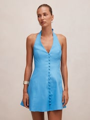 Forever New Blue Pure Linen Ina Button Front Halter Neck Mini Dress - Image 1 of 5