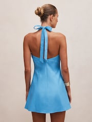 Forever New Blue Pure Linen Ina Button Front Halter Neck Mini Dress - Image 2 of 5