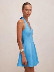 Forever New Blue Pure Linen Ina Button Front Halter Neck Mini Dress - Image 4 of 5