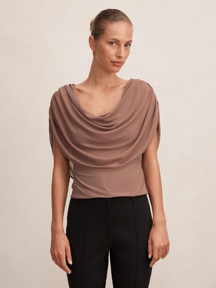 Forever New Brown Olivia Draped Mesh Cape Top - Image 1 of 5 Forever New Brown Olivia Draped Mesh Cape Top - Image 1 of 5