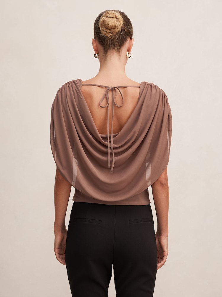Forever New Brown Olivia Draped Mesh Cape Top - Image 2 of 5 Forever New Brown Olivia Draped Mesh Cape Top - Image 2 of 5