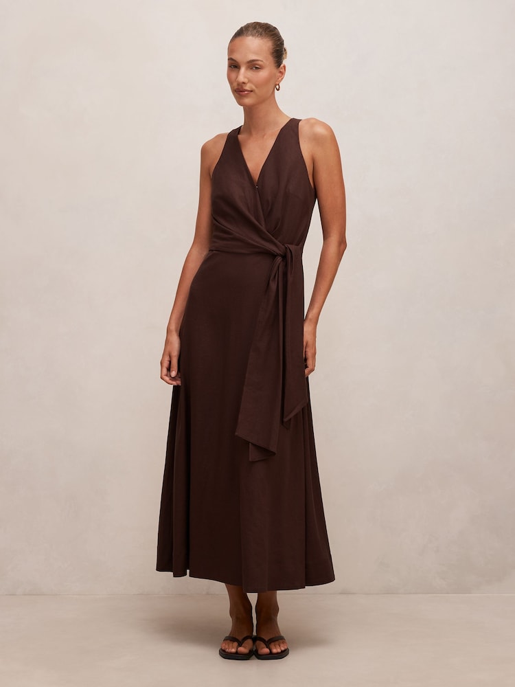 Forever New Brown Zoey Halter Neck Tie Midi Dress Contains Linen - Image 1 of 4