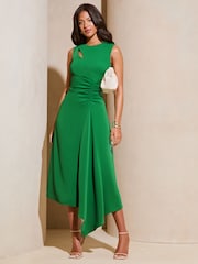 Lipsy Green Petite Sleeveless Ruched Front Asymmetricalmetrical Midi Dress - Image 1 of 4