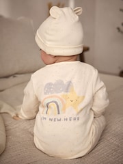 Blanco - Conjunto de gorro y pijama tipo pelele de algodón 100 % para bebé con mensaje "I'm New Here" (0-6 meses) - Imagen 1 de 14