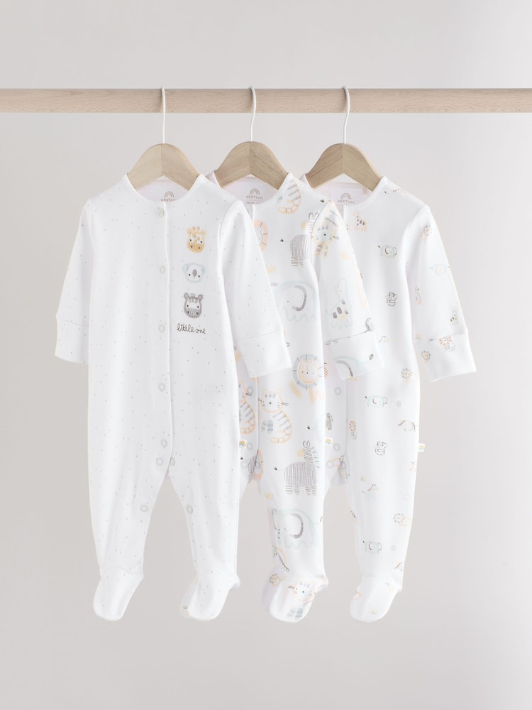 White Baby Animal Print 100% Cotton Sleepsuits 3 Pack (0-2yrs) - Image 1 of 12