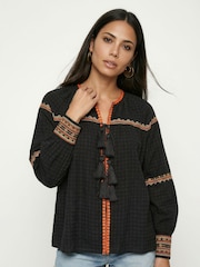 Raffya Black Shilo Embroidered Collarless Blouse - Image 1 of 4