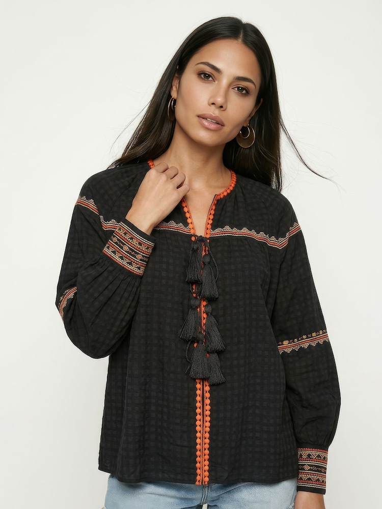 Raffya Black Shilo Embroidered Collarless Blouse - Image 1 of 4 Raffya Black Shilo Embroidered Collarless Blouse - Image 1 of 4