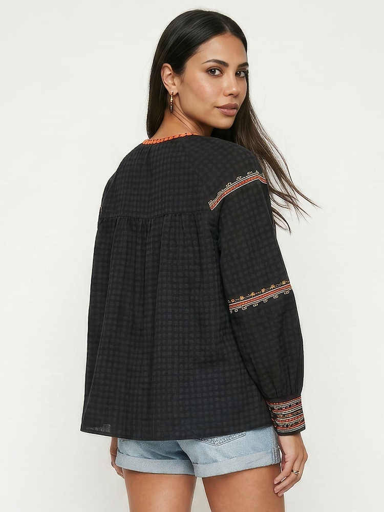 Raffya Black Shilo Embroidered Collarless Blouse - Image 2 of 4 Raffya Black Shilo Embroidered Collarless Blouse - Image 2 of 4