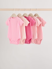 Bright Pink Baby Short Sleeve Ribbed 100% Cotton Bodysuits 5 Pack - Image 1 of 13