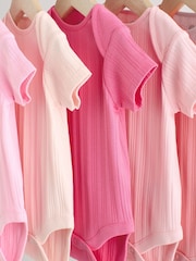 Bright Pink Baby Short Sleeve Ribbed 100% Cotton Bodysuits 5 Pack - Image 9 of 13
