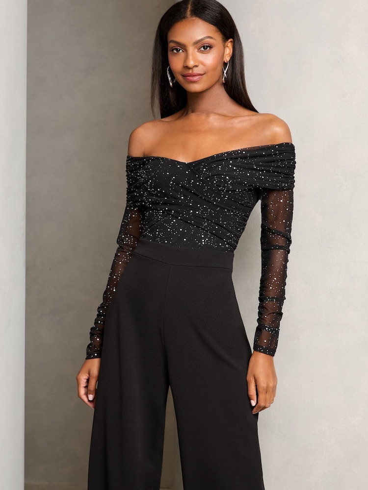 Lipsy Black Bardot Glitter Mesh Jumpsuit - Image 3 of 4