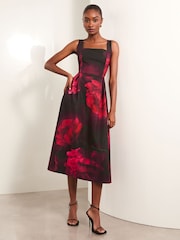 Lipsy Red Floral Square Neck Prom Skater Midi Dress - Image 1 of 4