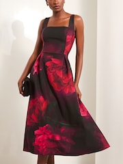 Lipsy Red Floral Square Neck Prom Skater Midi Dress - Image 3 of 4