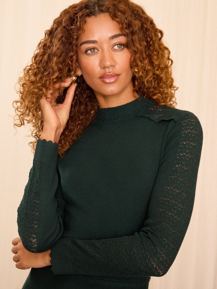 Love & Roses Green Pointelle Scallop Knitted Dress - Image 2 of 4 Love & Roses Green Pointelle Scallop Knitted Dress - Image 2 of 4