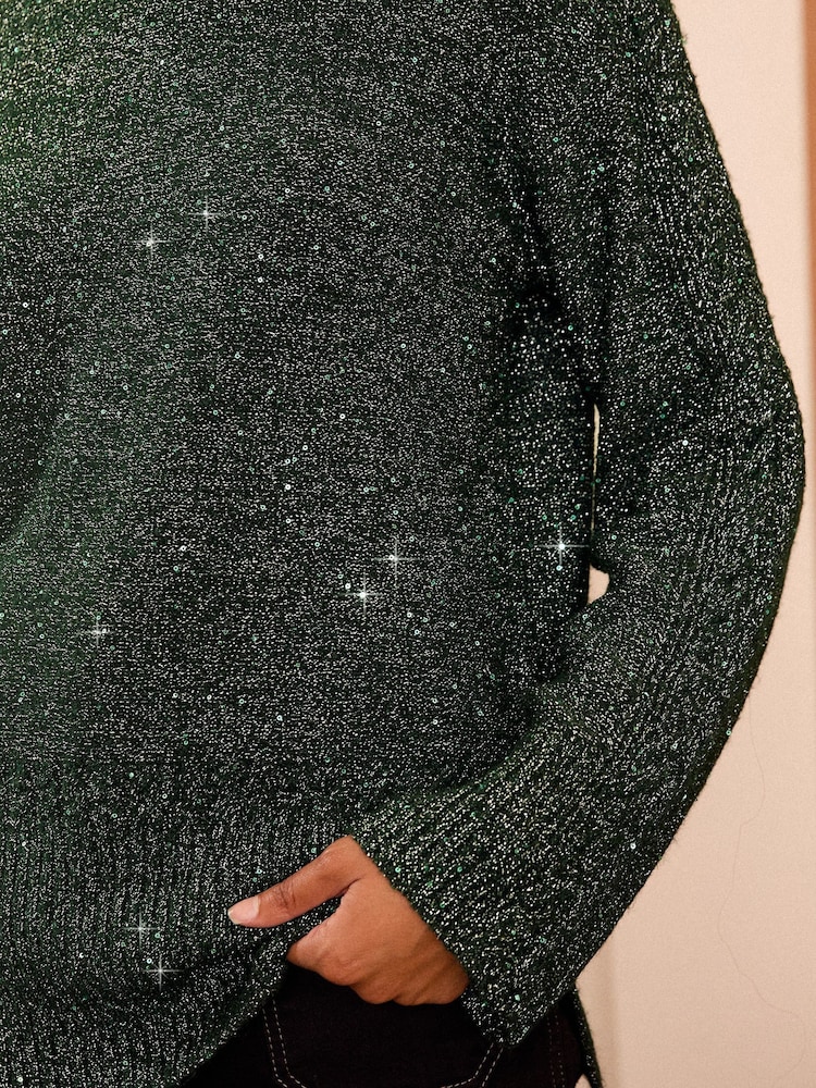 Love & Roses Christmas Green Tinsel Cosy Crew Neck Longline Jumper - Image 2 of 4