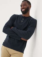FatFace Navy Textured Henley 100% Cotton T-Shirt - Image 1 of 6