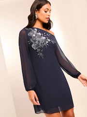 Lipsy Navy Drop Shoulder Long Sleeve Hand Embellished Mini Shift Dress - Image 1 of 4