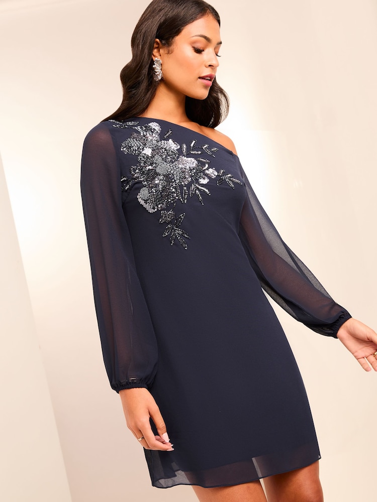Lipsy Navy Drop Shoulder Long Sleeve Hand Embellished Mini Shift Dress - Image 1 of 4