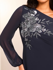Lipsy Navy Drop Shoulder Long Sleeve Hand Embellished Mini Shift Dress - Image 3 of 4