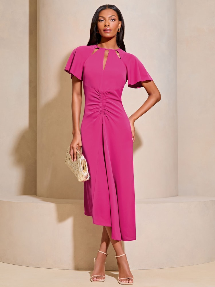 Lipsy Pink Ruched Front Keyhole Cut Out Asymmetrical Midi Dress - Image 1 of 4 Lipsy Pink Ruched Front Keyhole Cut Out Asymmetrical Midi Dress - Image 1 of 4