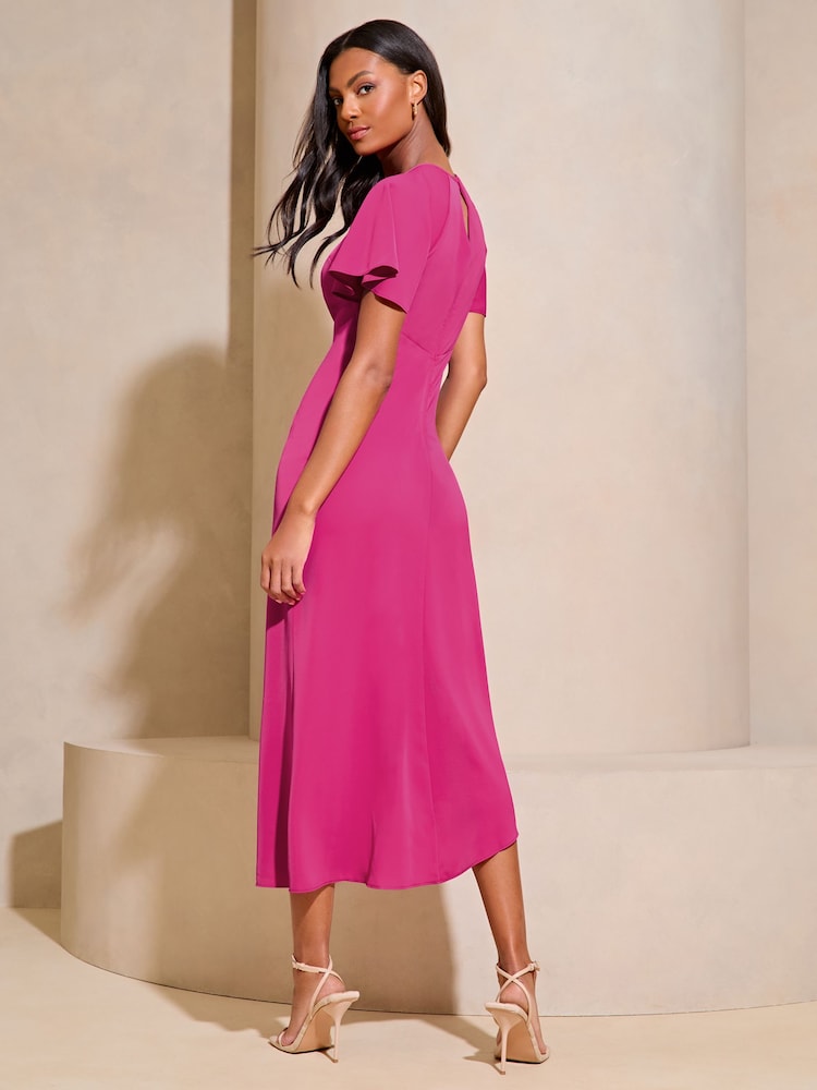 Lipsy Pink Ruched Front Keyhole Cut Out Asymmetrical Midi Dress - Image 2 of 4 Lipsy Pink Ruched Front Keyhole Cut Out Asymmetrical Midi Dress - Image 2 of 4