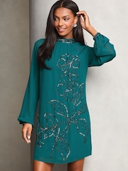 Lipsy Teal Blue Long Sleeve Hand Embellished Artwork Mini Shift Dress - Image 1 of 1
