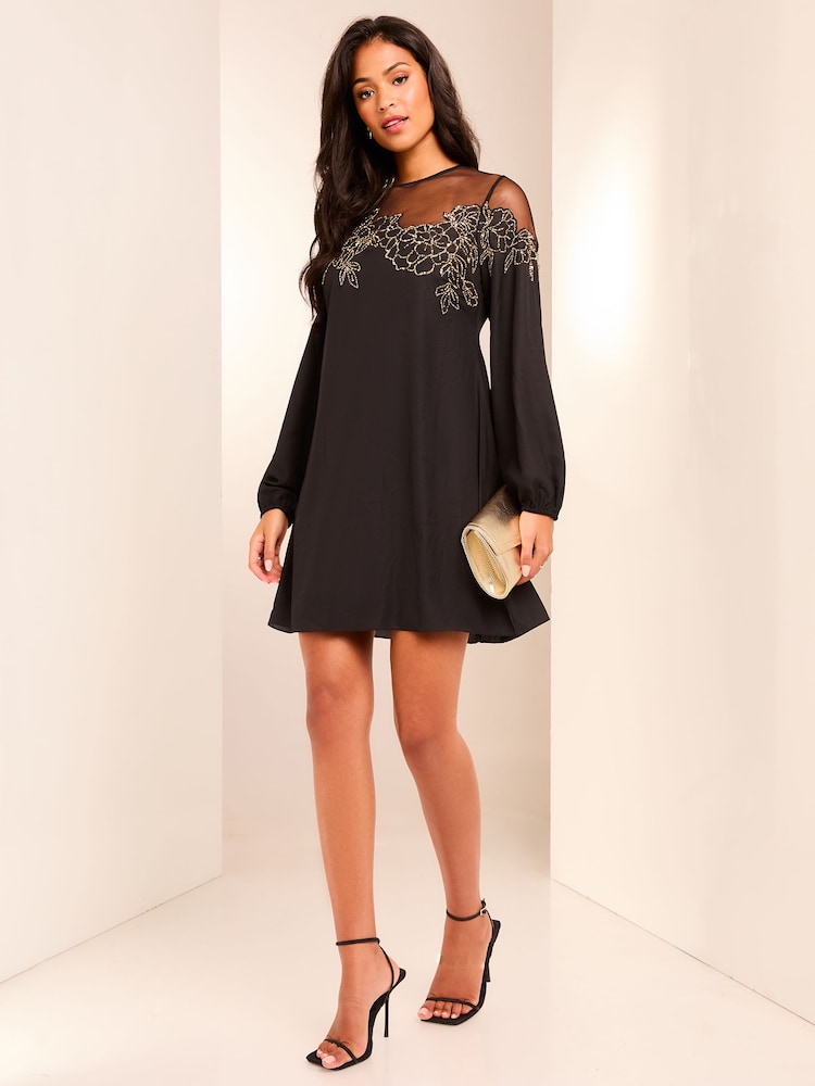 Lipsy Black Long Sleeve Hand Embellished Artwork Mini Shift Dress - Image 4 of 4