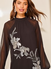 Lipsy Black Long Sleeve Hand Embellished Artwork Mini Shift Dress - Image 3 of 4
