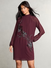 Lipsy Red Long Sleeve Hand Embellished Artwork Mini Shift Dress - Image 3 of 4