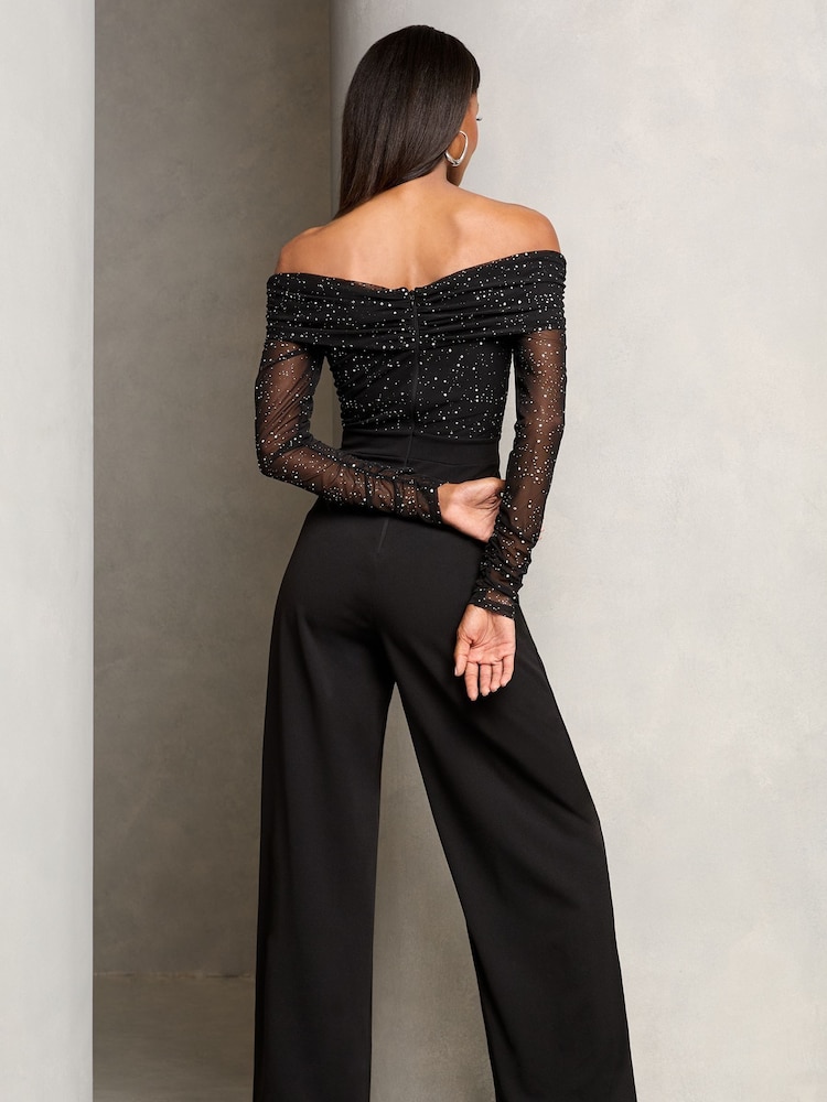 Lipsy Bardot Jumpsuit aus glitzerndem Netzstoff - Bild 4 von 4 Lipsy Bardot Jumpsuit aus glitzerndem Netzstoff - Bild 4 von 4