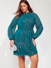 Lipsy Teal Curve Long Sleeve Hand Embellished Artwork Mini Shift Dress - Image 1 of 4