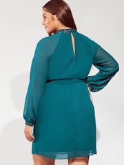 Lipsy Teal Curve Long Sleeve Hand Embellished Artwork Mini Shift Dress - Image 2 of 4