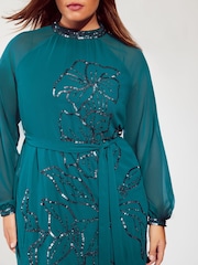 Lipsy Teal Curve Long Sleeve Hand Embellished Artwork Mini Shift Dress - Image 4 of 4