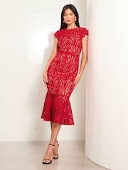 Lipsy Red Premium Lace Cap Sleeve Peplum Midi Dress - Image 1 of 4