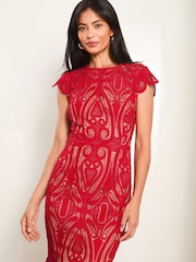 Lipsy Red Premium Lace Cap Sleeve Peplum Midi Dress - Image 4 of 4