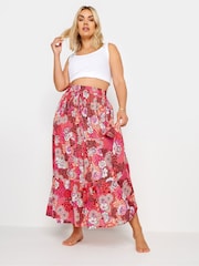 Yours Curve Pink Floral Print Tiered Beach Skirt - Image 2 of 5