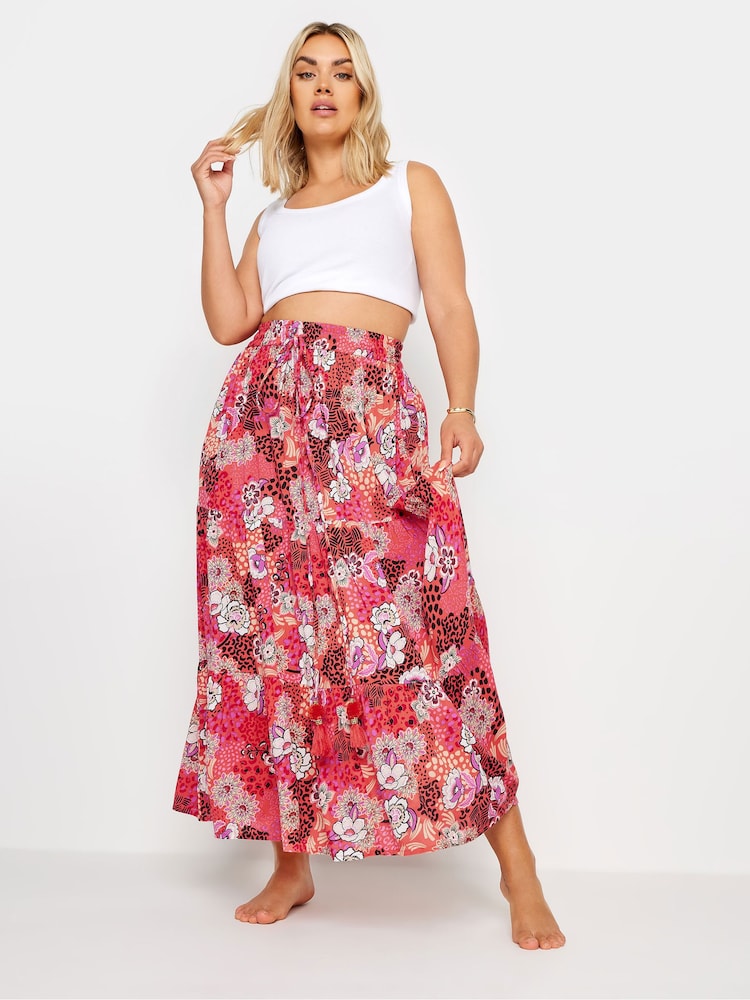 Yours Curve Pink Floral Print Tiered Beach Skirt - Image 2 of 5