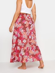 Yours Curve Pink Floral Print Tiered Beach Skirt - Image 3 of 5