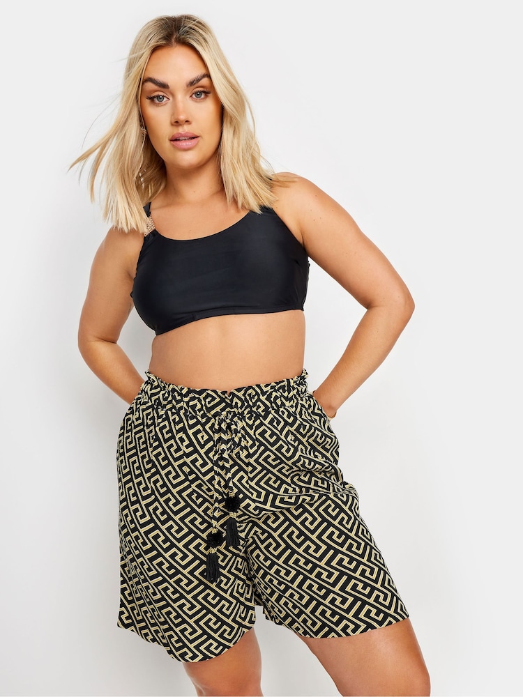 Yours Curve Black Geometric Print Tassel Shorts - Image 1 of 5