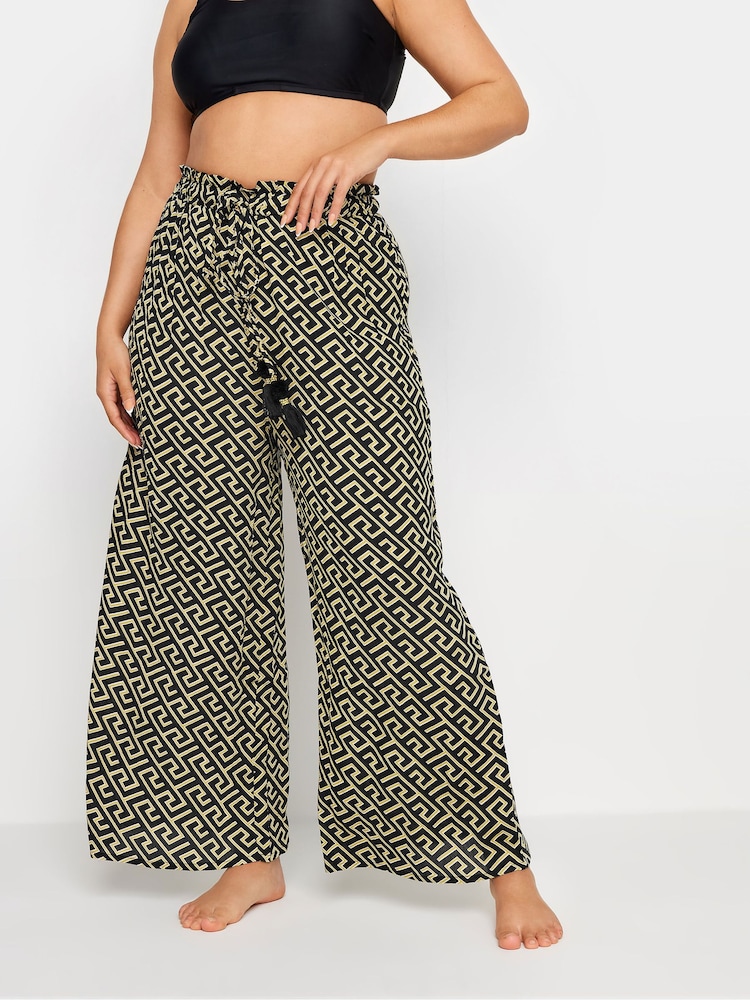 Yours Curve Black Geometric Print Tassel Trousers - Image 1 of 5