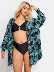 Yours Curve Black Tropical Print Crinkle Beach Shirt - Image 1 of 5