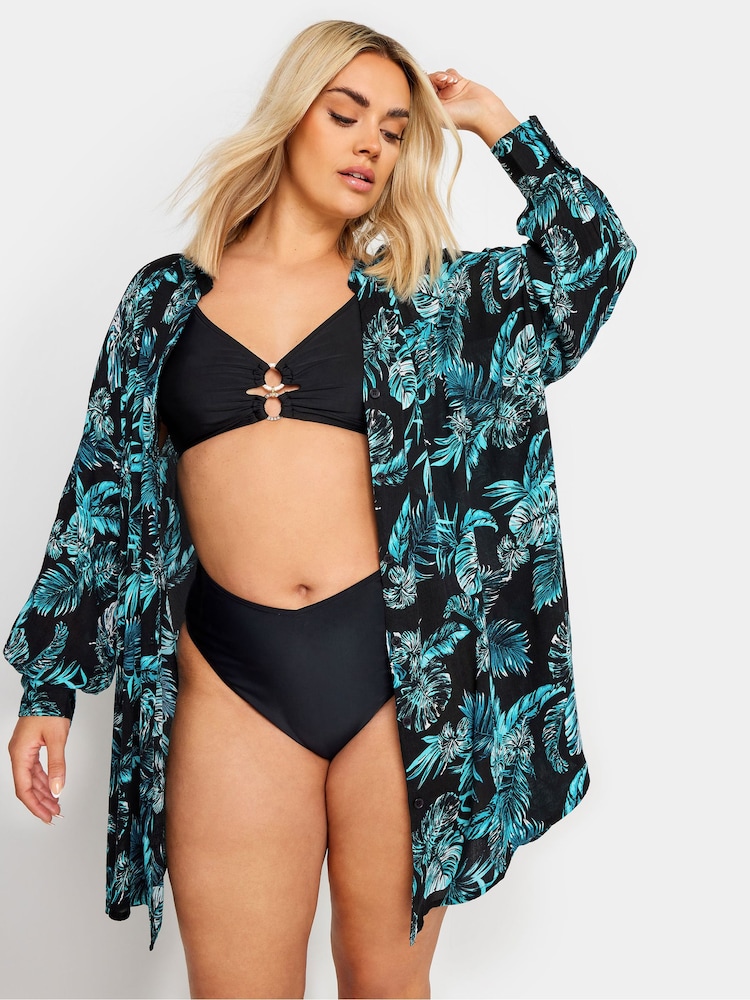 Yours Curve Black Tropical Print Crinkle Beach Shirt - Image 1 of 5