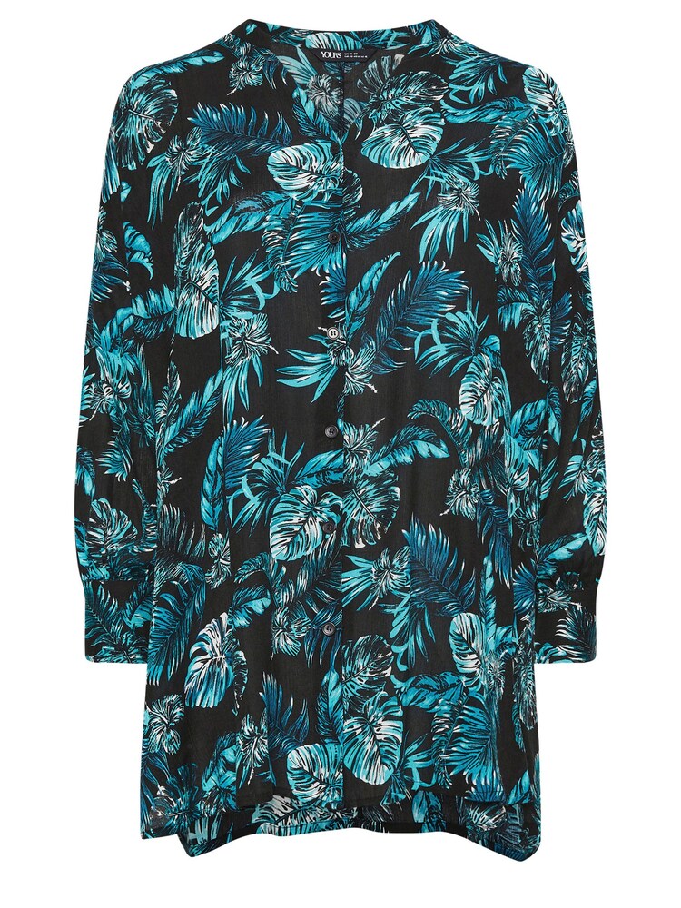 Yours Curve Black Tropical Print Crinkle Beach Shirt - Image 5 of 5 Yours Curve Black Tropical Print Crinkle Beach Shirt - Image 5 of 5