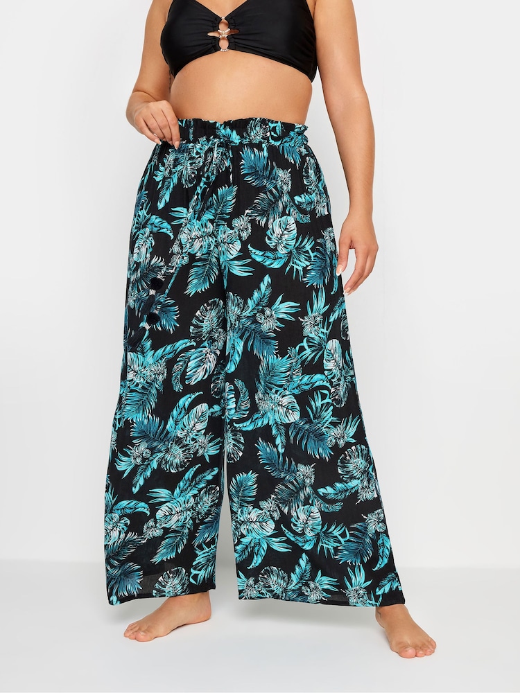 Yours Curve Black Tropical Print Crinkle Tassel Trousers - Image 1 of 3