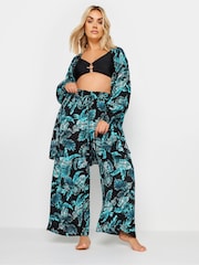 Yours Curve Black Tropical Print Crinkle Tassel Trousers - Image 2 of 5