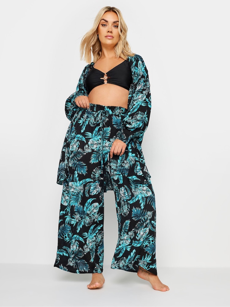 Yours Curve Black Tropical Print Crinkle Tassel Trousers - Image 2 of 5