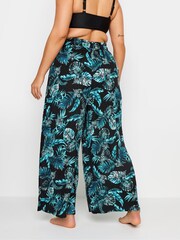 Yours Curve Black Tropical Print Crinkle Tassel Trousers - Image 2 of 3