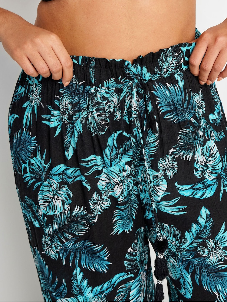 Yours Curve Black Tropical Print Crinkle Tassel Trousers - Image 3 of 3