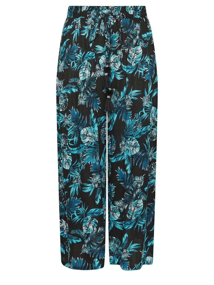 Yours Curve Black Tropical Print Crinkle Tassel Trousers - Image 5 of 5