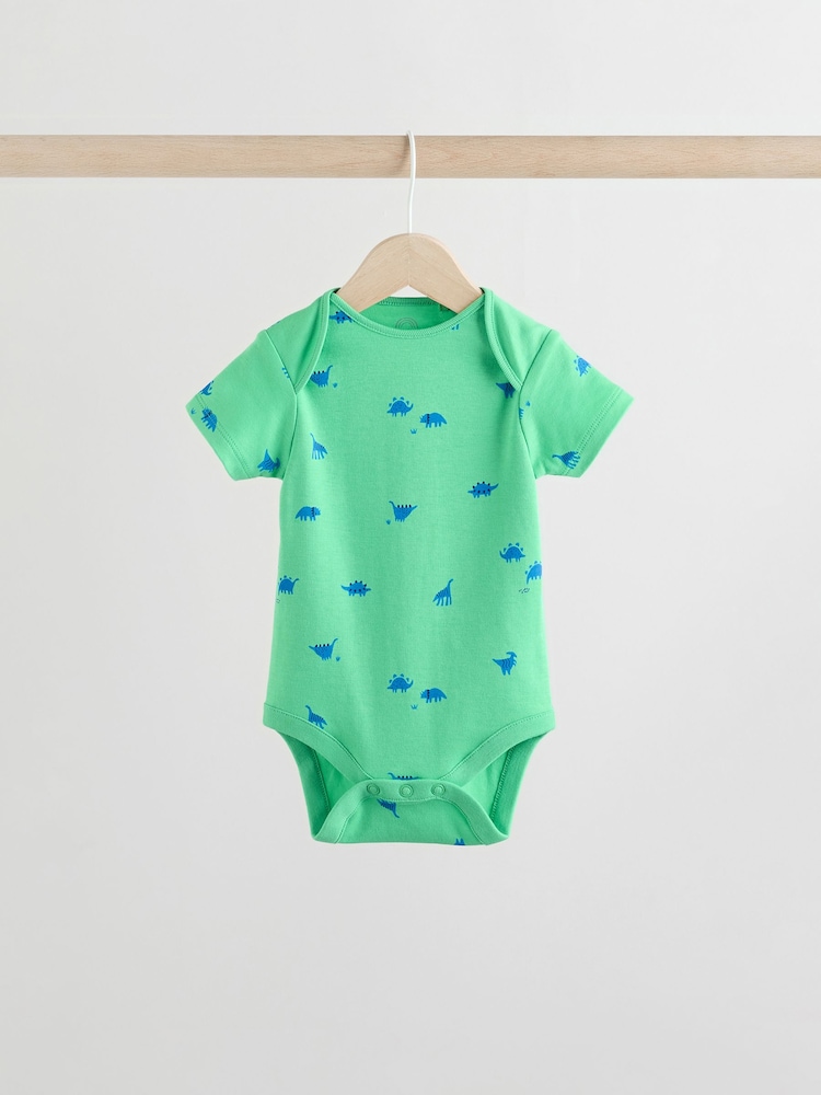 Blue/Green/Red Dinosaur Print Short Sleeve Baby Bodysuits 5 Pack - Image 3 of 13